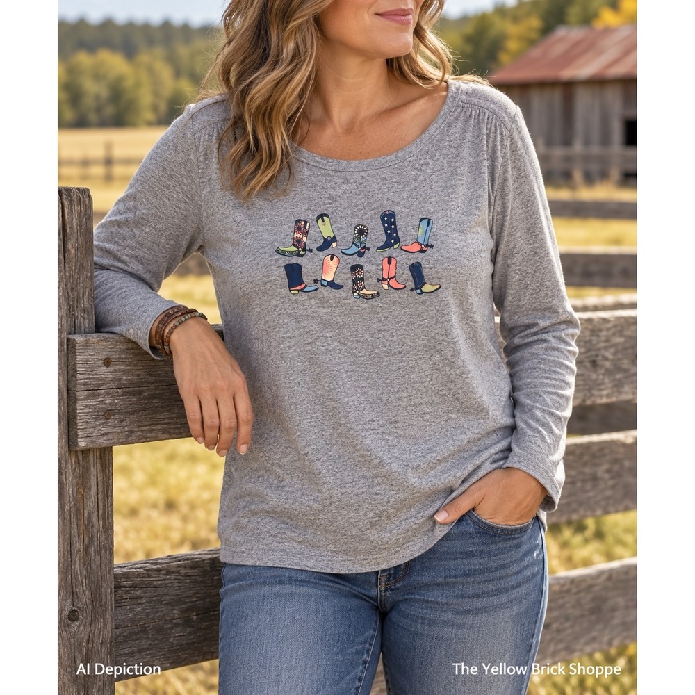 89th & Madison Women's L Cowboy Boots Western Graphic Top Gray NWT